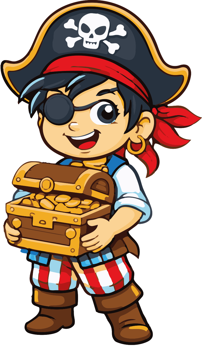 Piratenmaskottchen mit Schatztruhe
